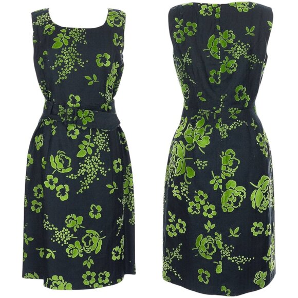 Anni Kuan Sleeveless Belted Floral Sheath Fair Labor - Black/Green - 10 - Picture 1 of 9